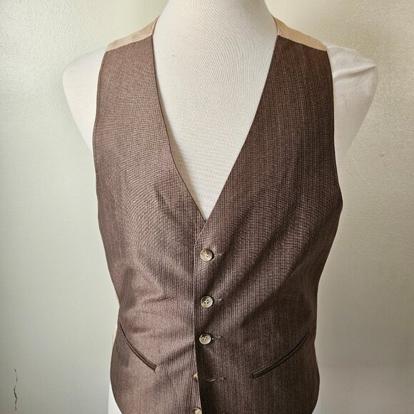 Vintage 70s Mens Brown Striped Shiny Polyester Dress Vest Disco Cinch Medium - Picture 2 of 6